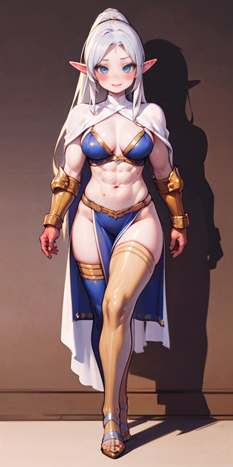 extremely long hair, ponytail, perfect anatomy 1 girl tall solo, slim thick, ((muscular)) high elf toned body, silver breast plate, blue cape, slender abs, hourglass waist, detailed face, defined cheekbones, puffy lips, gauntlets, gold crown, shadow over eyes, looking at viewer, masterpiece, white thigh highs lingerie, lustful smirking smile face red blushed red cheeks, 2 high heels feet together