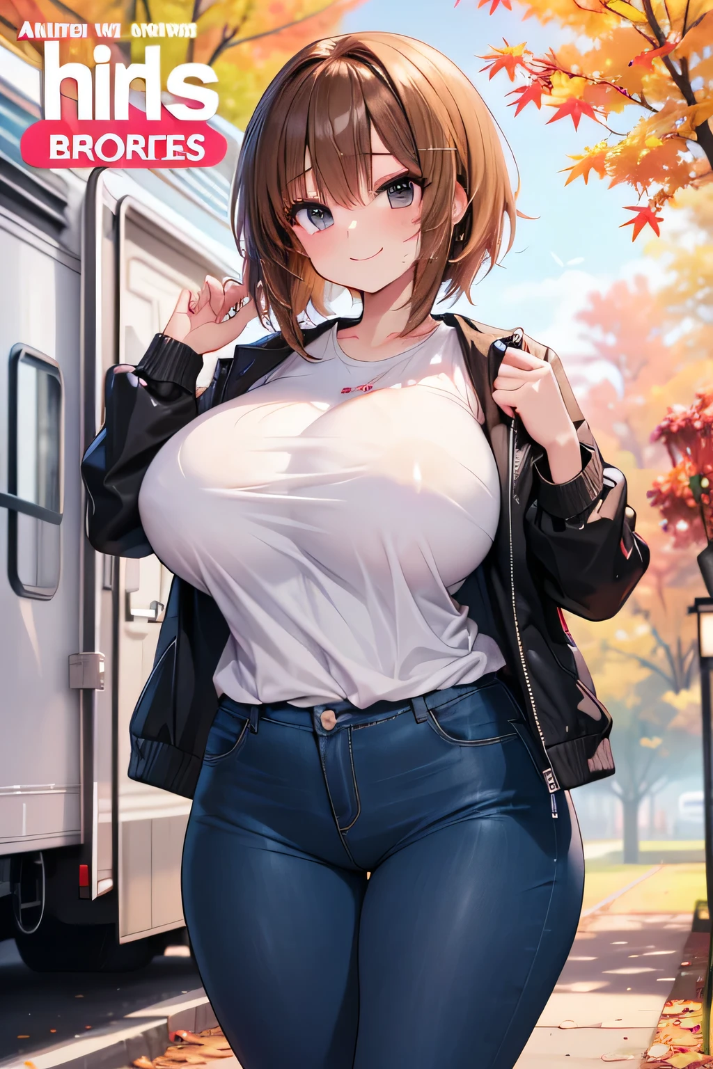 anime、High resolution、Gentle smile、Nishizumi Maho、Magazine cover style、Sensational headlines、Casual jacket and shirt、skinny pants、sneakers、A busty, chubby girl shows off her charms at an autumn campsite、Perfect proportions、Cowboy Shot、Very big saggy 、Fatty legs、Sweaty、Clear eyes