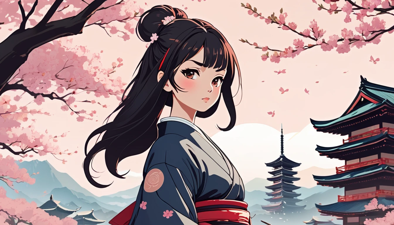 Female samurai,knife,Background is cherry blossoms and a Japanese temple、 Wide-angle lens, Lofi Anime, Lofi illustration, Aesthetic atmosphere, Lo-Fi Style, Vector art, Flat Design, Simple shape, Warm tones, Pleasant atmosphere, Chill, In anime style, Digital drawing, Vector art, Vector logo for t-shirt printing, (Adorable:1.5), (small:1.4), (Playful:1.2), (soft:1.3), (Whimsical:1.1), masterpiece, Highest quality, 8K, Intricate details, grow, Celestial, Mysterious, Picturesque, amazing, Majestic, Magic, Fantasy art, Cover art, dream-like
