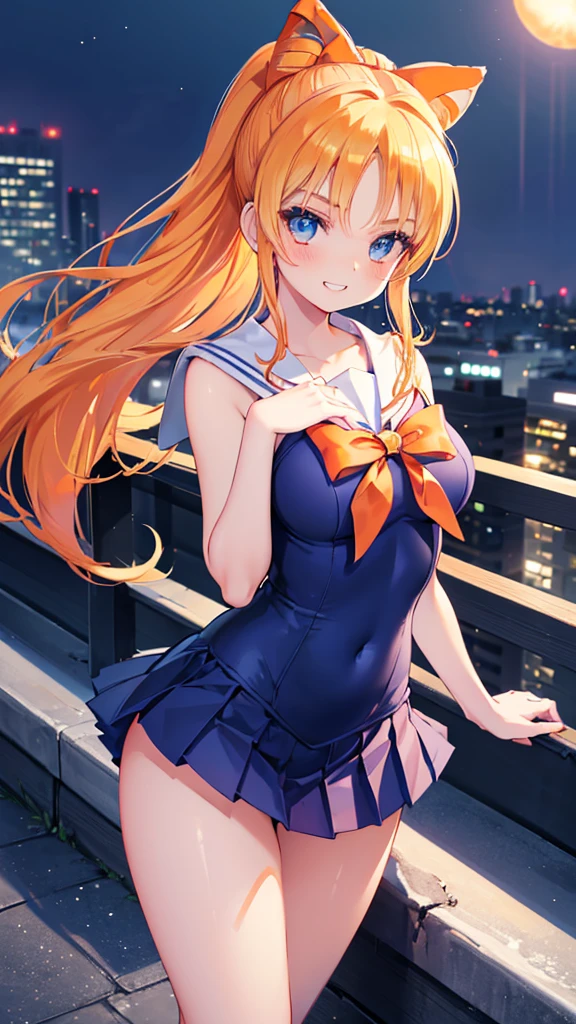 1girl, Angle from the front, ((She leans forward to accentuate her breasts and show off her bust.)), (Moonlit night)、(On the roof of a building)、thighs、(shiny White skin:1.6)、blue eyes, ((Slim figure)), ( girl), (A sadistic and malicious grin), (sexy pose)、(grin), (Shiny blonde hair)、Long hair, (forehead), Blue ribbon on chest, (Big red ribbon), ((Sailor Venus))、Sailor suit、(Orange pleated mini skirt)、(I'm lifting my leg)、