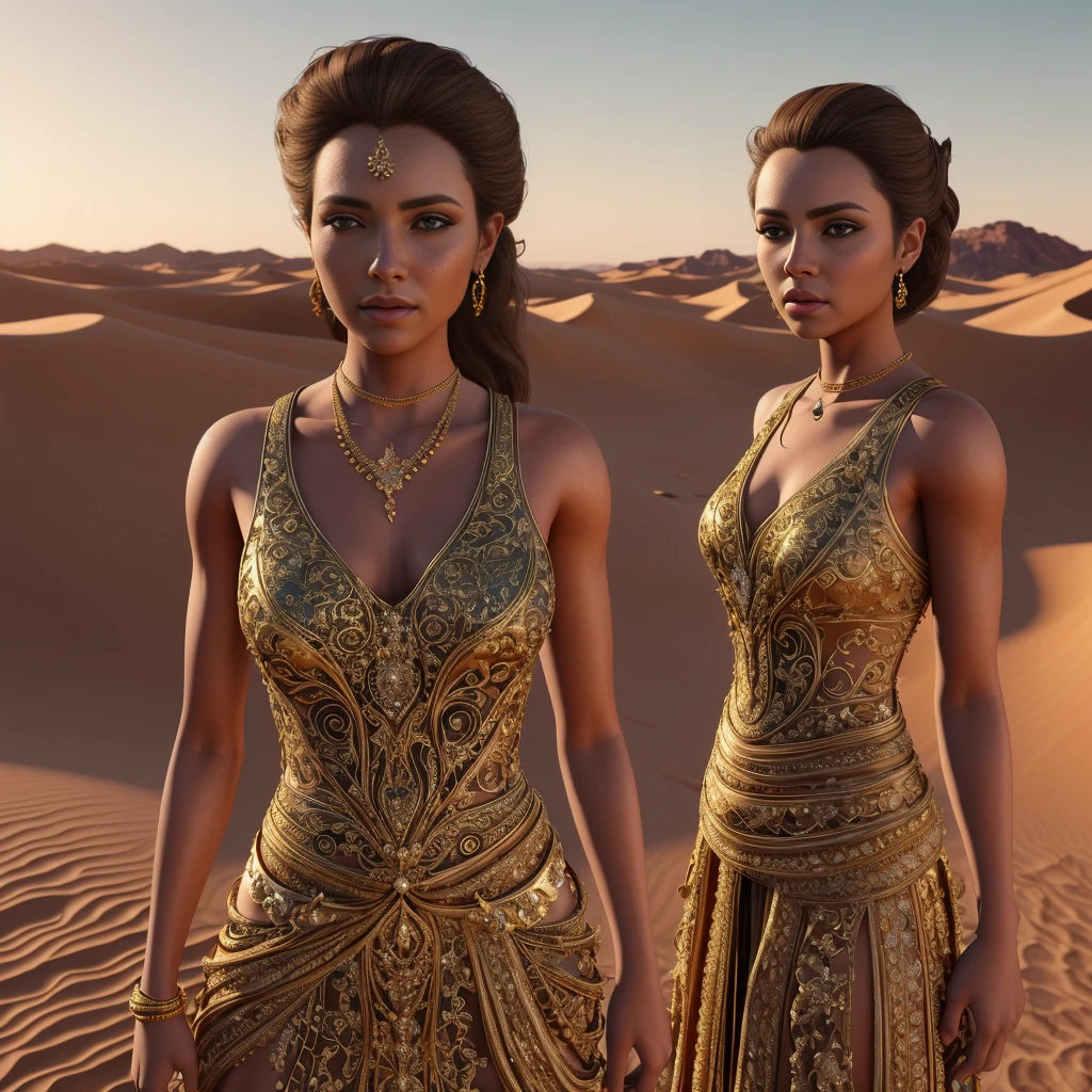 a beautiful desert princess, intricate detailed face, piercing eyes, flowing hair, delicate gold jewelry, ornate desert dress, desert landscape background, golden hour lighting, cinematic atmosphere, dramatic lighting, vibrant colors, highly detailed, 8k, photorealistic, digital art, concept art