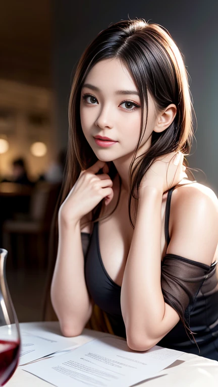 (8K, RAW Photos, 最high quality, masterpiece: 1.2), (Realistic, photoRealistic: 1.37), 1 Sommelierスーツを着た女性が歩道に立っている, Cleavage、Belly button、, Professional Lighting, Photon Mapping, , Brazilian women, Torn, Sommelier、, Sommelierのユニホーム、,At a fine dining restaurant,Super popular waitress、 masterpiece, 最high quality, high quality, High resolution, big , (Face close-up),working at a restaurant、
