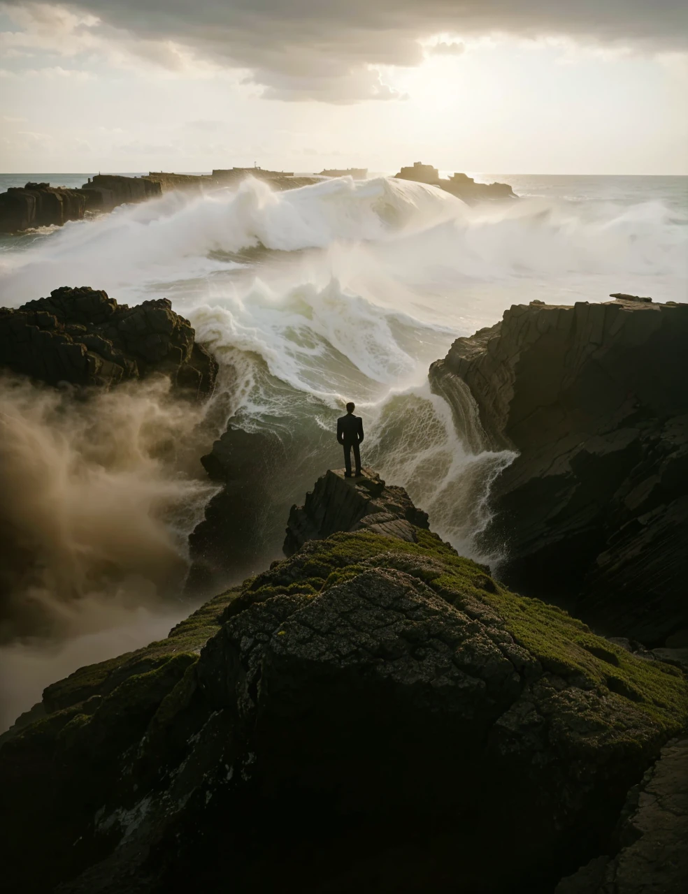 young man dressed formally, turning his back, standing on a rock cliff, strong sea waves hit the rock, storms, beautiful sky background, the image is distant