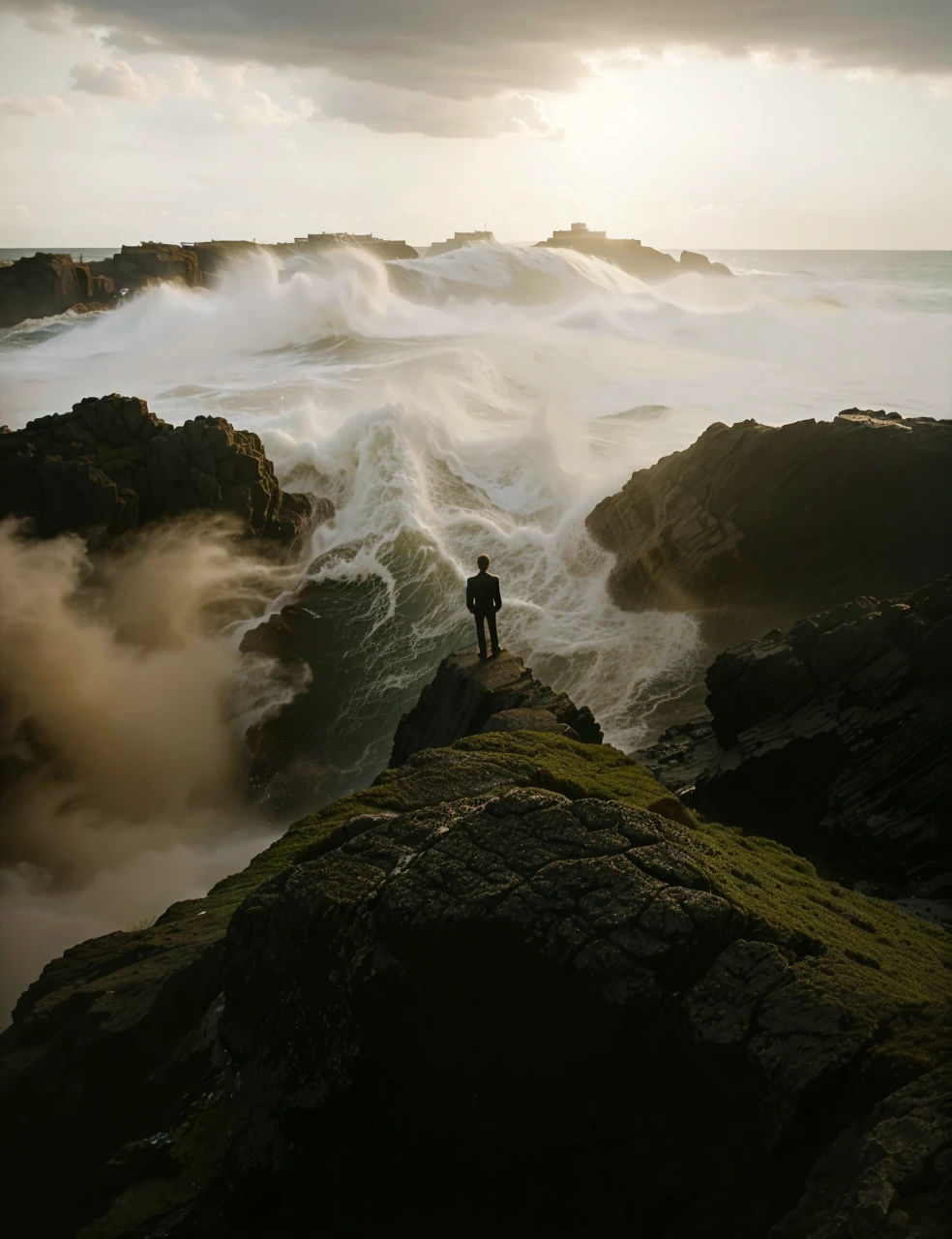 young man dressed formally, turning his back, standing on a rock cliff, strong sea waves hit the rock, storms, beautiful sky background, the image is distant