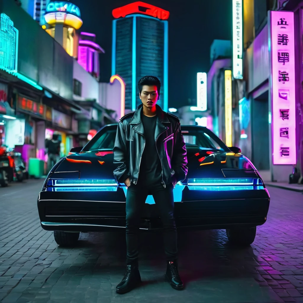 kitt1984 black car with a cyberpunk city in the background, cinematic, epic, neon glow, indonesia man 50kg 175cm black jacket
