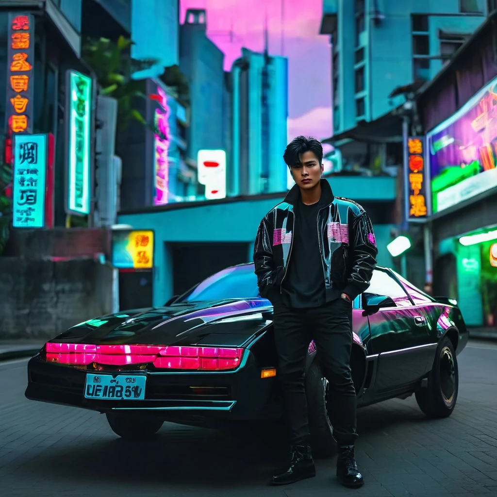 kitt1984 black car with a cyberpunk city in the background, cinematic, epic, neon glow, indonesia man 50kg 175cm black jacket
