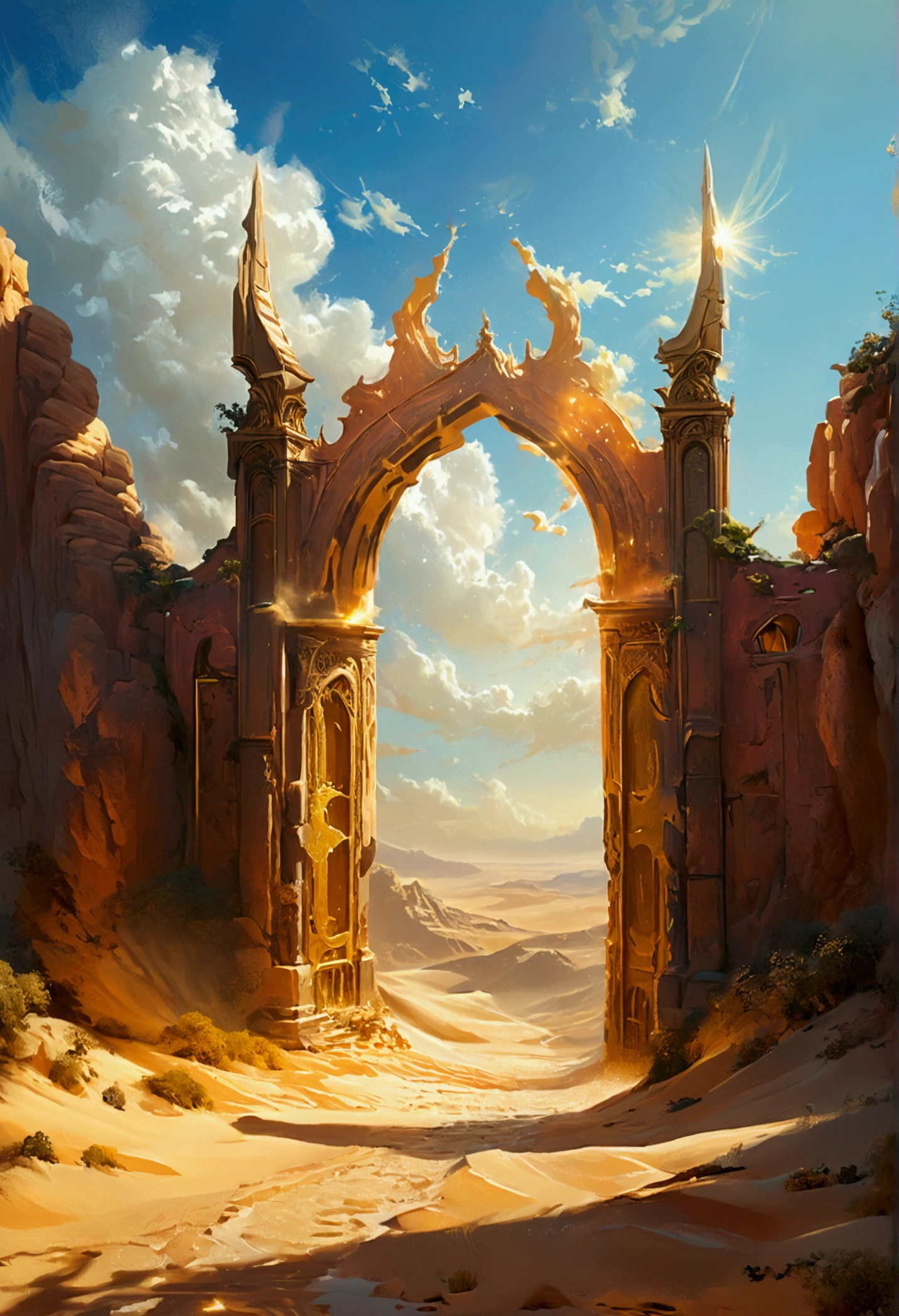 ellow sand in the sky，The background is a vast desert, Desert oasis，richcolors，digital landscape art, Detailed scenery, scenery art detailed, Desert oasis landscape, concept-art, 4k highly detailed digital art, 4 k digital painting, 4k digital painting, stunning digital illustration, Desert background, digital painting concept art, Detailed digital painting, inspired by Christophe Vacher, gates of heaven, the gates of heaven, gateway to another dimension, magical portal gateway, tall golden heavenly gates, rob mcnaughton, dream portal