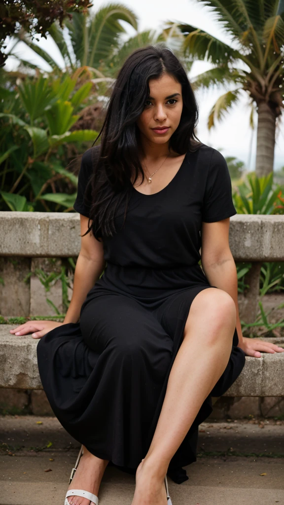 (((Brazilian))), age 28, ((Bblack hair, very long and smooth)) sitting looking at the sea, (Long black dress), ((darkskin, black, black)), (((Don't show your hands, do not leave visible))) , photo taken with Iphone 15 Pro Max