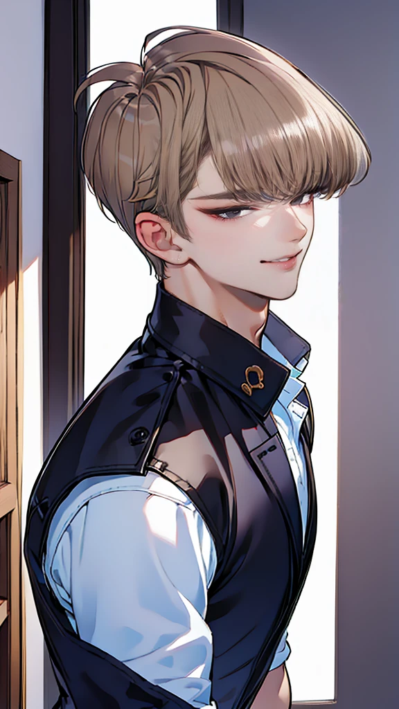 (tmasterpiece, high resolution, ultra - detailed:1.0), (1 boy, Young male, masculine face), Perfect male body, Adult male, Delicate eyes and delicate face, Extremely detailed CG, Unity 8k wallpaper, Complicated details, Detailed face, (blond hair, messy hair, serious faces, white T-shirt,Bad students), (frown,evil smile:1.3), Standing in school corridor,black leather jacket, color difference, Depth of field, dramatic shadow, Ray tracing, Best quality, Cinematic lighting, offcial art,Portrait