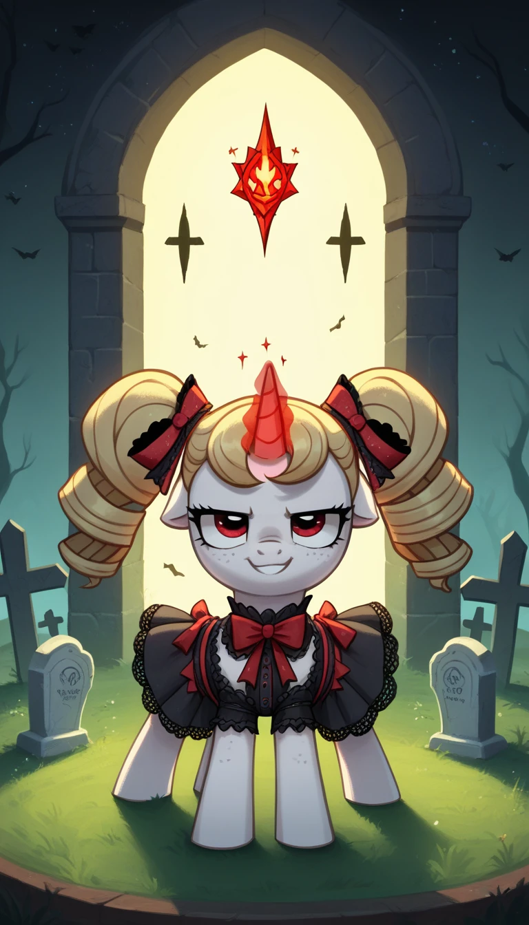 score_9,score_8_up,score_7_up,score_6_up, filly, unicorn, white fur, curly blonde hair, twintails, freckles, red eyes, ta ribbons, lolihoaker, glowing backlight, fashion show, graveyard scene, glitter, whimsical, enchanted, magical, fantasy art concept, intricate details, insane smug smile, glowing horn,