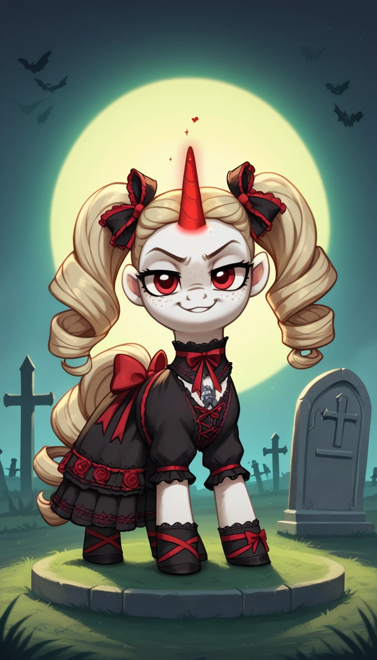 score_9,score_8_up,score_7_up,score_6_up, filly, unicorn, white fur, curly blonde hair, twintails, freckles, red eyes, lolita ribbons, lolita choaker, glowing backlight, fashion show, graveyard scene, glitter, whimsical, enchanted, magical, fantasy art concept, intricate details, insane smug smile, glowing horn, 