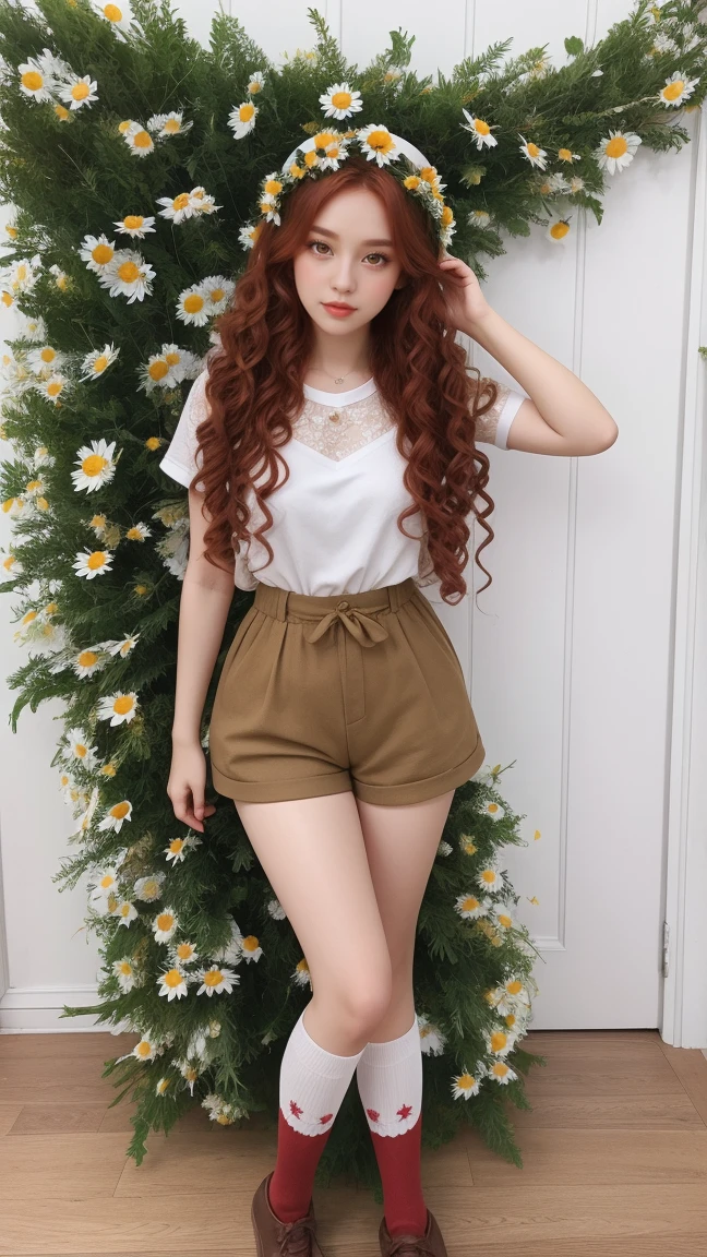 (girl:1.2),alone, (Long red curly hair:1.1), Brown eyes, Wear a wreath of daisies on your head, ,beautiful,elegant,Shorts、Knee-high socks