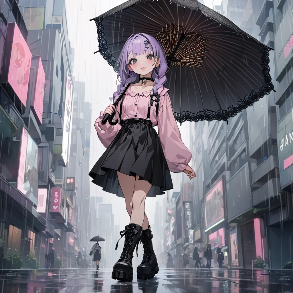 masterpiece, ultra detailed, 8K, solid blue Skyscrapers background, full body shot, Angle looking up from below.happy, a girl, kawaii, light atmosphere, mysterious atmosphere, (Cute a mesugaki girl:1.5), (a girl with closs hair pin,pale purple hair,wavy two braids,bluntbangs hair,green and black eyes,
pink shirt,cosplay, jirai kei, bangs, black skirt, black bow, looking at viewer, bow, long sleeves, choker, ribbon,pink lips,Thick-soled boots,fullbody shot :1.4),A mischievous smile, fangs, licking lips,
(masterpiece:1.3), anime visual, (Lovey-dovey:1.5), (tilt head:1.3), extremely delicate face, soft clean focus, realistic lighting and shading, (an extremely delicate and beautiful art:1.3), elegant, (muted colors:1.1), small breast,slim,(On a rainy day, walking through Shibuya with a black lace umbrella:1.5), expressionless,