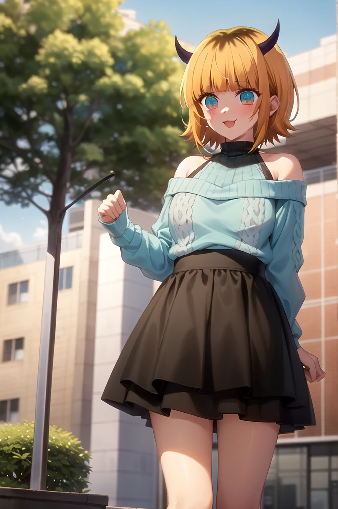 Best and highest quality, masterpiece, detailed,
memcho,
Open your mouth, A slight blush, :3, smile,
short hair, Blonde, Multicolored Hair, Aqua Eye, Blunt bangs, horn,
(Blue sweater:1.2), Black Shirt, Bare shoulders, Black Skirt, I tucked in my sweater.,
Are standing, Looking at the audience,
(Day:1.2), garden, Outdoor,

lift up skirt