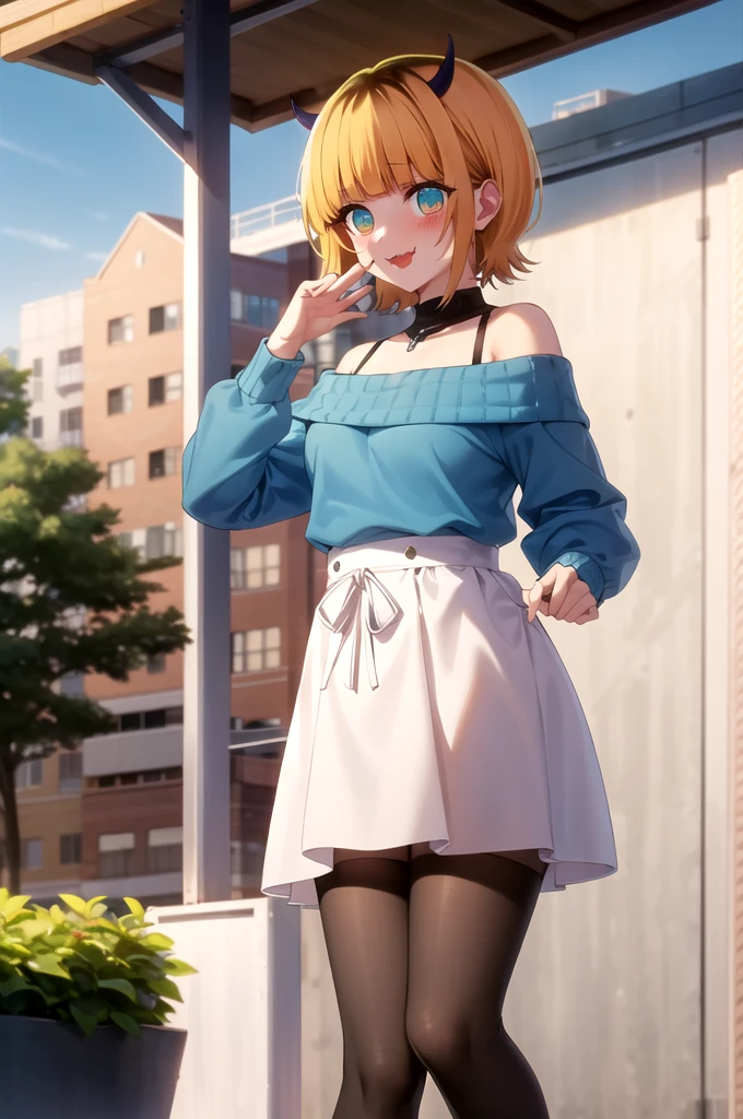 Best and highest quality, masterpiece, detailed,
memcho,
Open your mouth, A slight blush, :3, smile,
short hair, Blonde, Multicolored Hair, Aqua Eye, Blunt bangs, horn,
(Blue sweater:1.2), Black Shirt, Bare shoulders, Black Skirt, I tucked in my sweater.,
Are standing, Looking at the audience,
(Day:1.2), garden, Outdoor,

lift up skirt