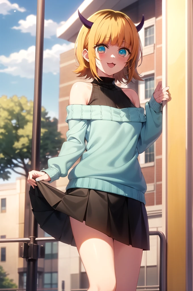 Best and highest quality, masterpiece, detailed,
memcho,
Open your mouth, A slight blush, :3, smile,
short hair, Blonde, Multicolored Hair, Aqua Eye, Blunt bangs, horn,
(Blue sweater:1.2), Black Shirt, Bare shoulders, Black Skirt, I tucked in my sweater.,
Are standing, Looking at the audience,
(Day:1.2), garden, Outdoor,
lift up skirt