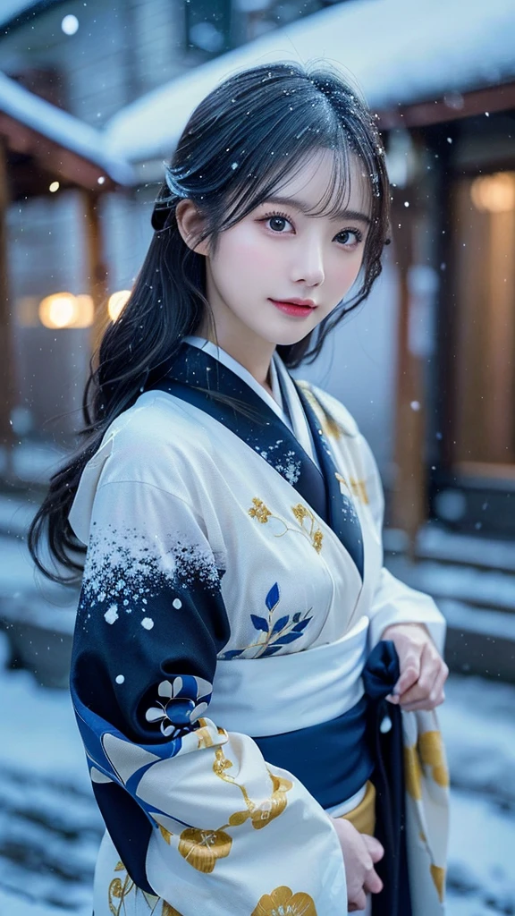 (Kimono)、(top-quality,masterpiece:1.3,超A high resolution,),(ultra-detailliert,Caustics),(Photorealsitic:1.4,RAW shooting,)Ultra-realistic capture,A highly detailed,high-definition16Kfor human skin、 Skin texture is natural、、The skin looks healthy with an even tone、 Use natural light and color,One Woman,japanes,,kawaii,A dark-haired,Middle hair,(depth of fields、chromatic abberation、、Wide range of lighting、Natural Shading、A detailed eye)、、(Exterior light at night:1.4)、(Falling snow:1.2)、(Hair swaying in the wind:1)、(Light reflecting snow:1.3)