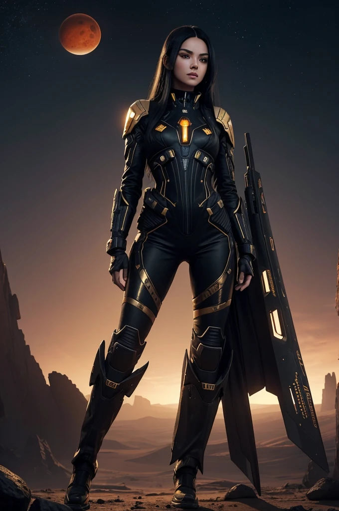 ((best quality)), ((masterpiece)), (detailed), Create an image of a beautiful girl with long black hair. She is wearing a futuristic warrior jumpsuit in black with a few gold details. The girl is standing on the surface of Mars, characterized by its red, rocky terrain and a dramatic Martian sky. In the background, there is a futuristic combat plane featuring the COD logo. The scene should convey a sense of futuristic adventure and sci-fi elements.