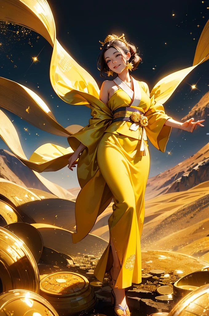 A beautiful woman in a gold kimono smiles against the backdrop of a mountain of gold nuggets, gold coins, and gold dust sparkling in the air.