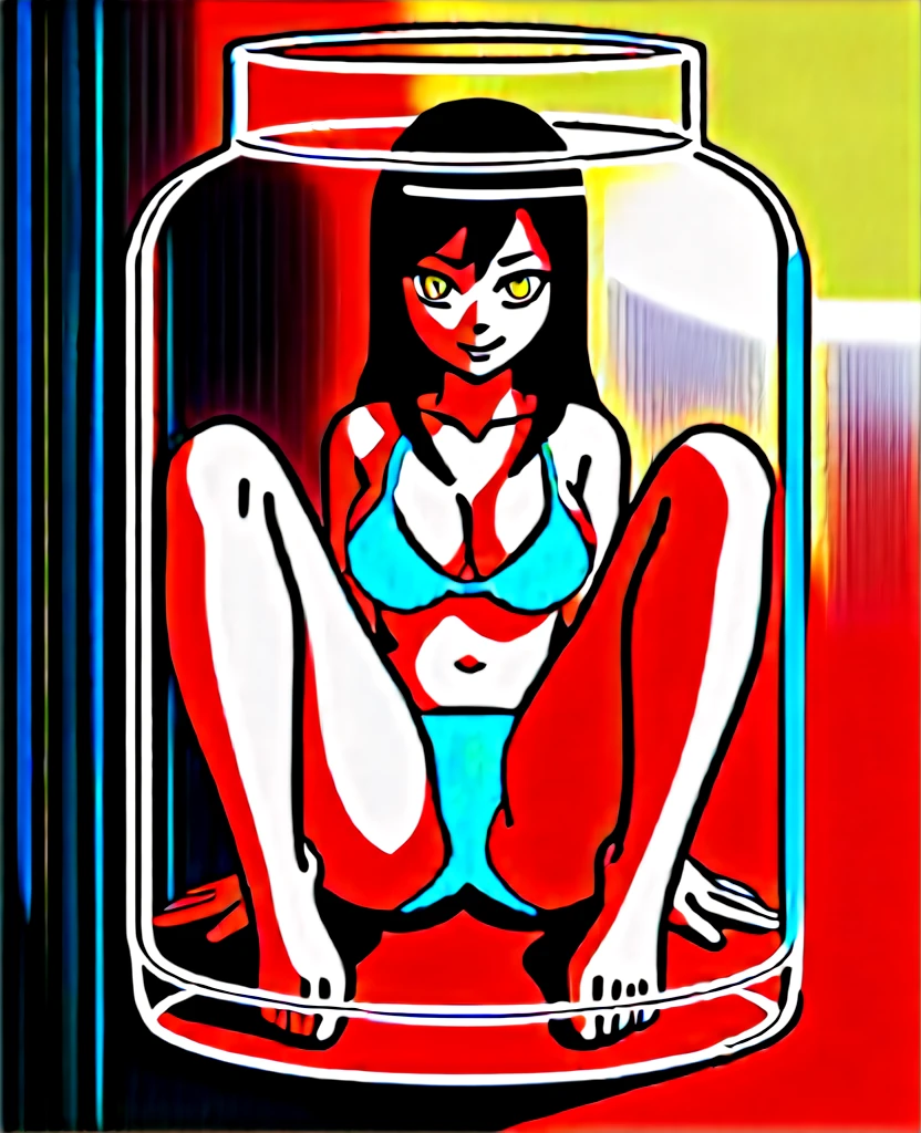 artwork, Attention to details, beautiful girl , big breasts, long spiky black hair with red tips and golden eyes, with a black dividend, chompa o buso roja, bare legs, green panties, whole body, barefoot, trapped inside a transparent glass jar, waxed inside, inside the jar, whole body en el frasco, sentada inside the jar, barefoot, trapped in the jar