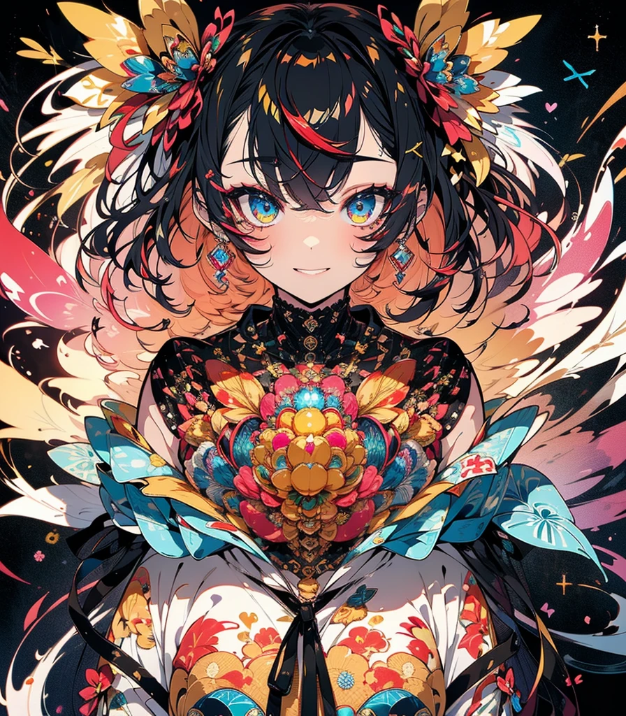 masterpiece, super high quality, ( Highly detailed original illustration),(  Expression of joy, Perfect Eyes, Long Hair, smile,whole body, Perfect body),Dancing, ((Streetwear,Parker Fashion)), ((Hana Sakura)(graffiti)), Double exposure, A fluid fusion of abstract art, Glitch, ( 2D), ( Original illustration composition), ( Limited edition color fusion, Maximalism art style, Geometric art style, fire, Junk Art), Yellow theme, Background Black