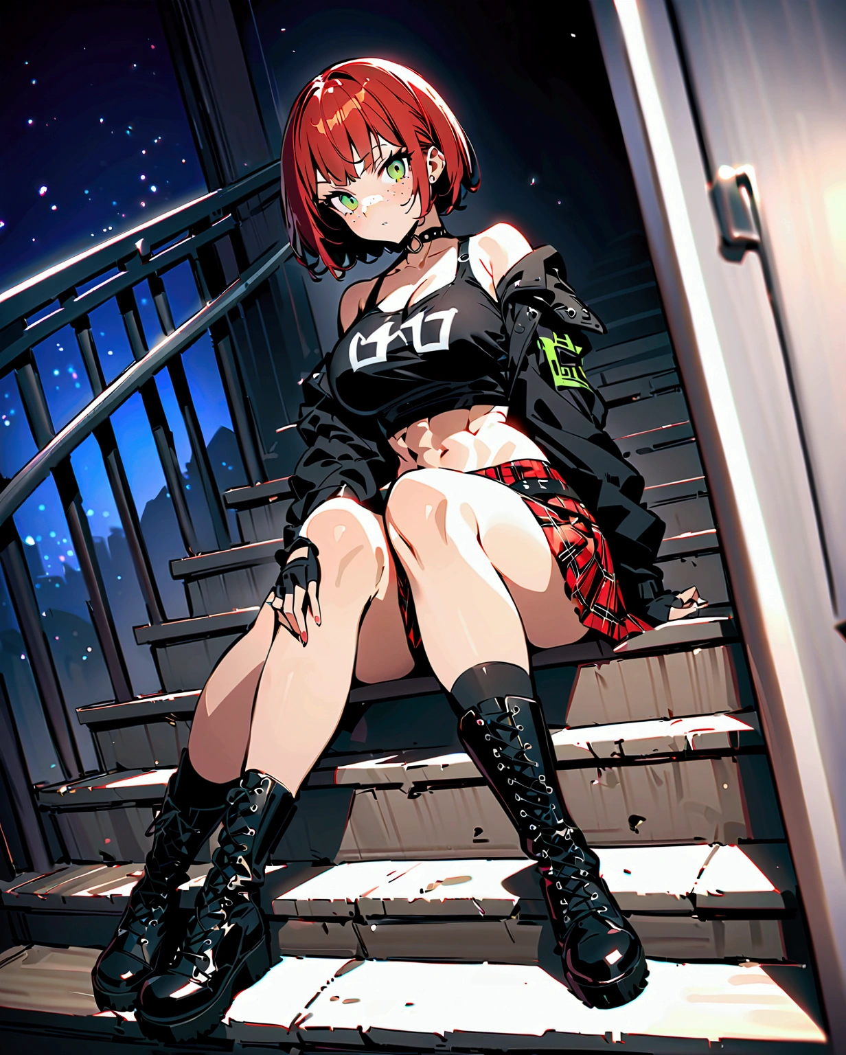 woman, curly red pixie cut hair, green eyes, wearing crop top black shirt, long black jacket, red plaid skirt, (black knee high boots), black fingerless gloves, exposed shoulders, (full body), large breasts freckles, cleavage, abs, looking at viewer, masterpiece, best quality, an14, Holo-Punk Style, sitting on steps