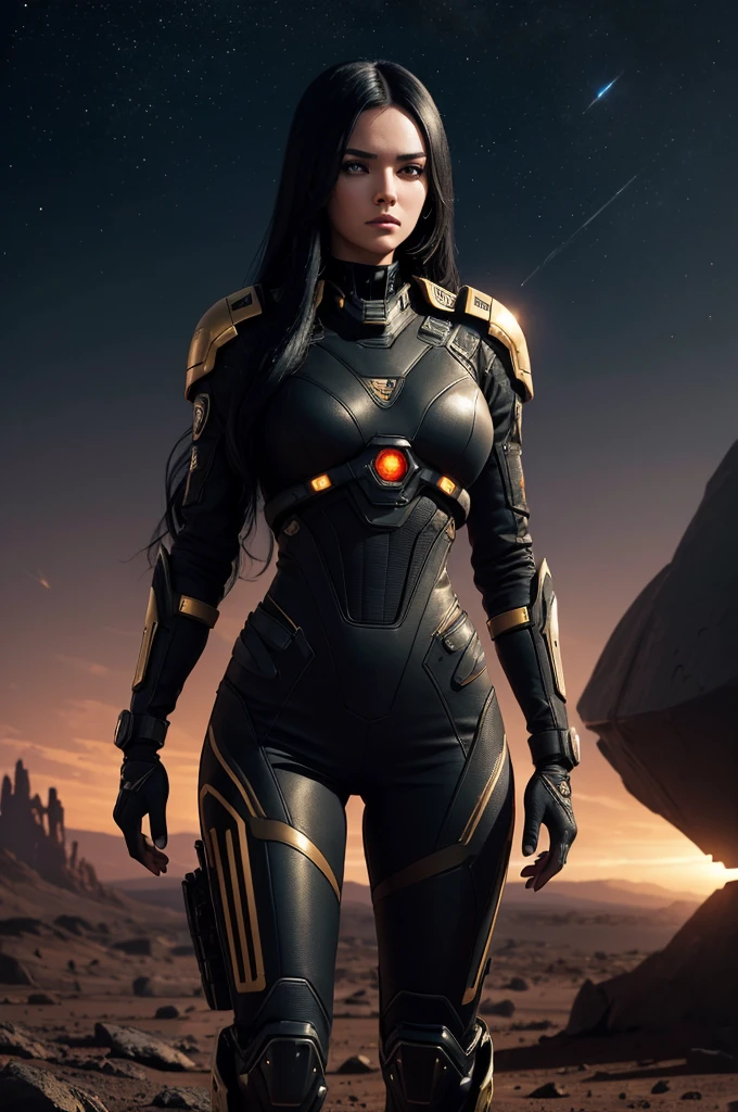 ((best quality)), ((masterpiece)), (detailed), Create an image of a beautiful girl with long black hair. She is wearing a futuristic warrior jumpsuit in black with a few gold details. The girl is standing on the surface of Mars, characterized by its red, rocky terrain and a dramatic Martian sky. In the background, there is a futuristic combat plane featuring the COD logo. The scene should convey a sense of futuristic adventure and sci-fi elements.