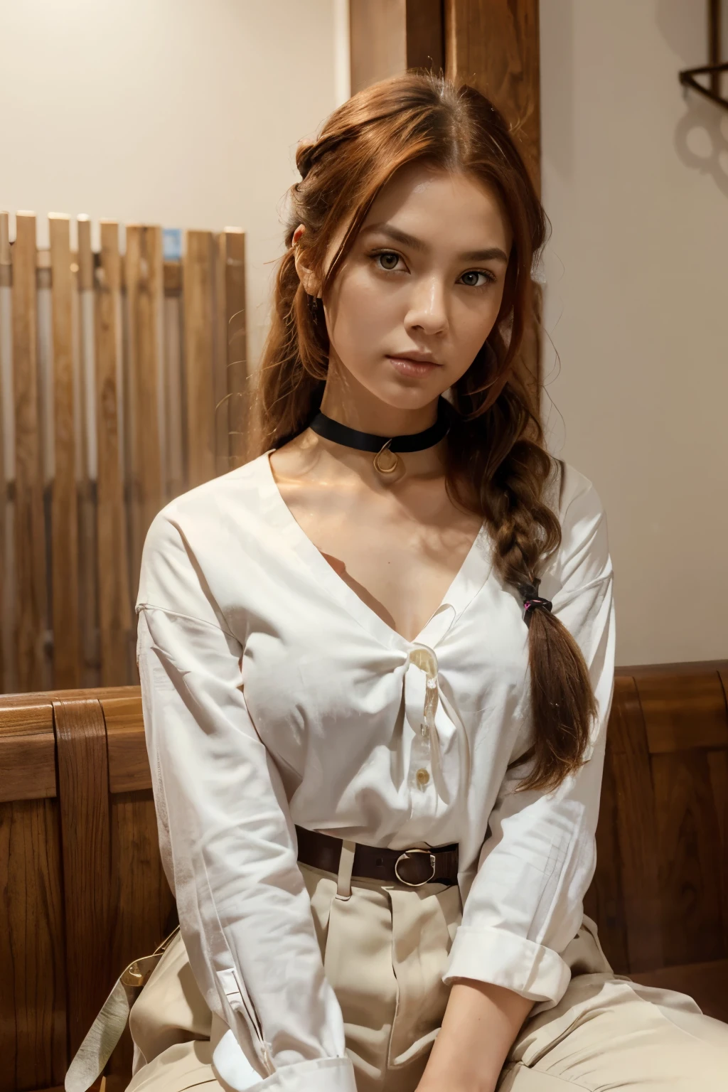 (Masterpiece:1.2, premium), (realist, photorealist), beautiful illustration, (Natural side lighting, movie lighting), ,
beautiful detailed hair, beautiful detailed face, Beautiful detailed eyes, beautiful clavicle, beautiful body, beautiful chest, beautiful thigh, nice legs, beautiful hands,
looking at the viewer, 1 chico, Japanese, university, 30 years, Perfect face, cute and symmetrical face, shiny skin,
(long hair, wavy hair braided into ponytail, crimson red hair), sparse bangs, gold eyes, slant eyes, long eyelashes, slender body, outDe pie style,
detailed fabric texture, ((halberd-type sword, White shirt with open collar, black tie, military trousers)),
(beautiful landscape), autumn, evening, (takoyaki shop), seated, (eating, Curious eyes),