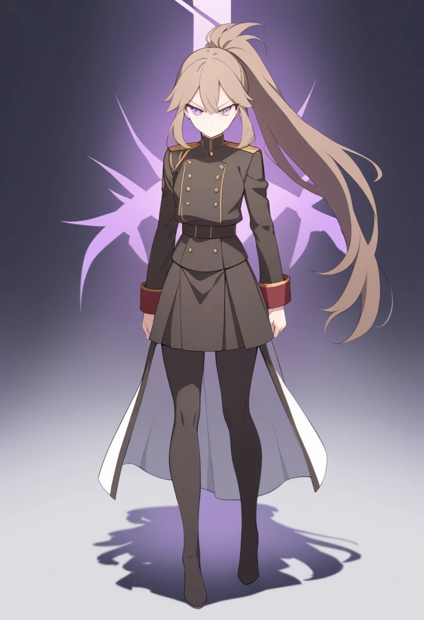 Illustrate a full-body anime girl with long, flowing brown  in a ponytail hair, standing off to the side looking at the viewer wearing a military uniform with fold buttons and a combat skirt, styled in a way that accentuates her strength and commanding presence. The character should have sharp,  violet determined eyes and a serious expression.