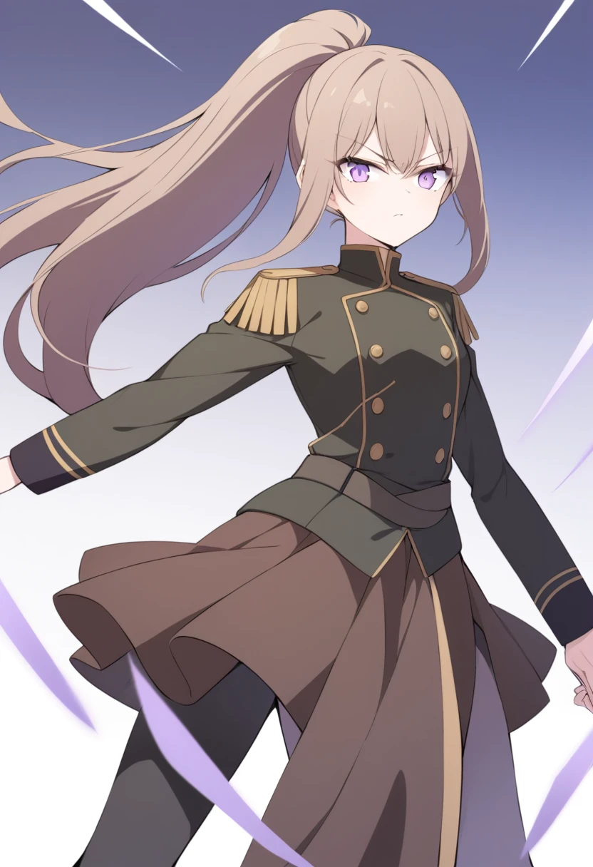 Illustrate a full-body anime girl with long, flowing brown in a ponytail hair, standing off to the side looking at the viewer wearing a military uniform with fold buttons and a combat skirt, styled in a way that accentuates her strength and commanding presence. The character should have sharp, violet determined eyes and a serious expression.