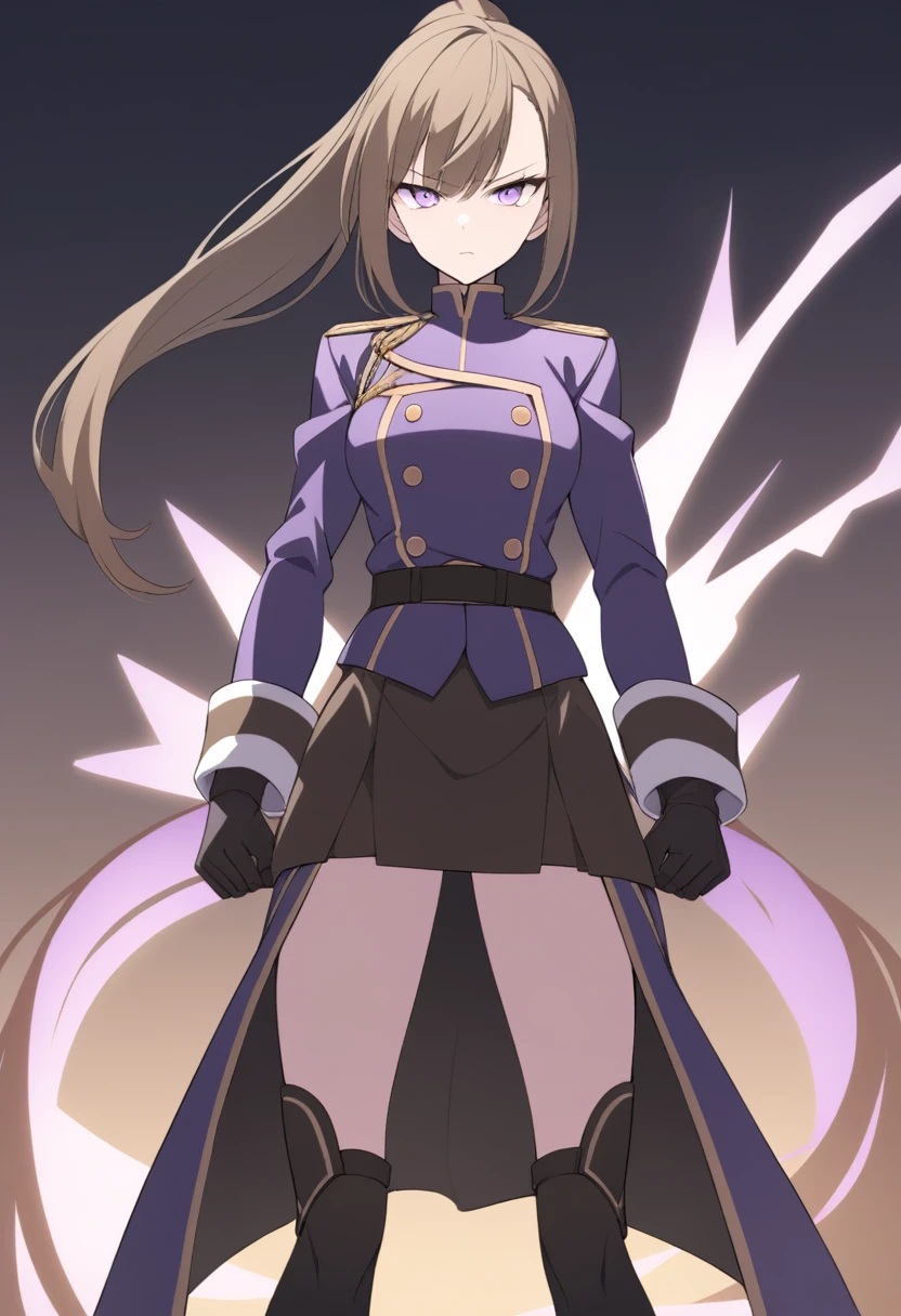 Illustrate a full-body anime girl with long, flowing brown  in a ponytail hair, standing off to the side looking at the viewer wearing a military uniform with fold buttons and a combat skirt, styled in a way that accentuates her strength and commanding presence. The character should have sharp,  violet determined eyes and a serious expression.