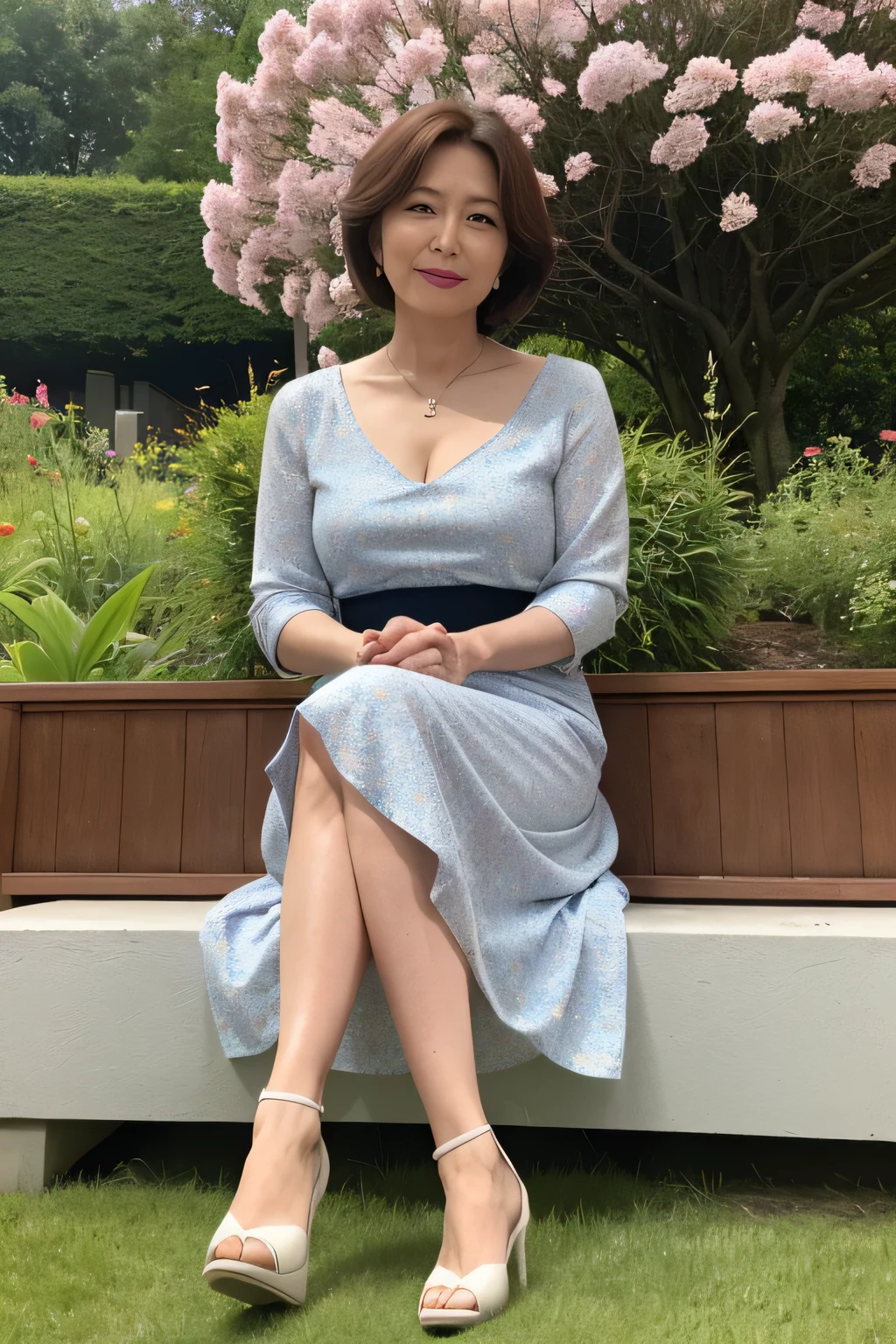 fruit、最high quality, 8K, Masseter muscle area, Vibrant, Sharp focus, high quality, High resolution, alone, 2 middle aged women, Beautiful woman, 55 years old, (Esbian all over), Facial details in high heels, Highly detailed eyes, Thick lips, ((Looking at the audience)), Plump figure, Beautifully styled hair, Cleavage, Brightly colored patterned dress, In front of the garden in the park in the afternoon、NSFW、Browsing Caution、Masterpiece