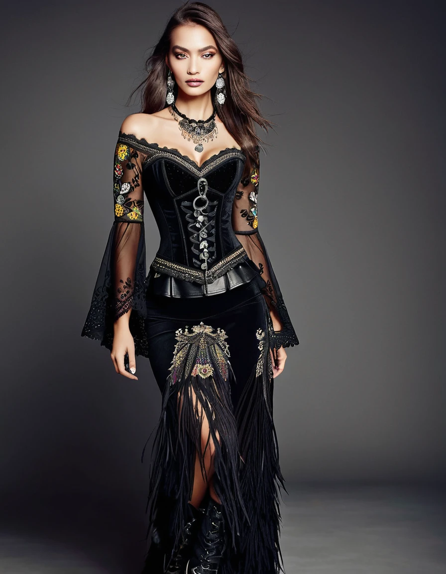 Gothic Ethnic Style**
**outfit:**
- **long skirt**: black, Asymmetrical, with lace details and indigenous embroidery. Can have layers of tulle or velvet.
- **blouse**: black o blanca, lace with embroidered details. long and flared sleeves.
- **corset**: De terciopelo negro with lace details and indigenous embroidery en la parte frontal.
**accessories:**
- **Necklaces**: Silver with dark stones and feather details. Some with amulets of indigenous figures.
- **BRACELET**: Lace and leather, with metallic details and precious stones.
- **belts**: wide, velvet decorated with embroidery and large buckles.
**shoes:**
- **Boots**: Leather high heels with lace and embroidery details.
**make-up:**
- **Eyes**: Smoked in dark tones, with touches of gold and silver.
- **lips**: In burgundy or black tones, with matte finish.
**Additional details:**
- **long layers**: Velvet or silk with indigenous embroidery.
- **Played**: Lace and feathers, with small precious stones.