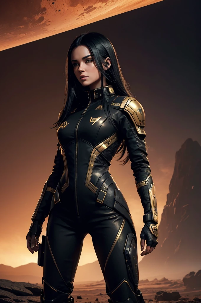 ((best quality)), ((masterpiece)), (detailed), Create an image of a beautiful girl with long black hair. She is wearing a futuristic warrior jumpsuit in black with a few gold details. The girl is standing on the surface of Mars, characterized by its red, rocky terrain and a dramatic Martian sky. In the background, there is a futuristic combat plane featuring the COD logo. The scene should convey a sense of futuristic adventure and sci-fi elements.