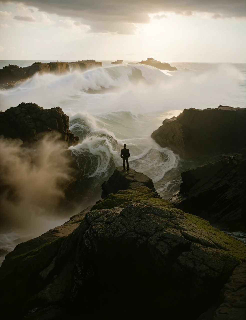 a young man dressed in a formal suit, standing on a rock cliff, his back turned to the camera, strong sea waves crashing against the rocks, stormy clouds in a beautiful sky, dramatic lighting, cinematic composition, photorealistic, highly detailed, vibrant colors, 8k, award winning photograph