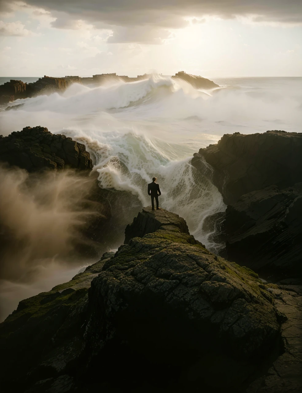 a young man dressed in a formal suit, standing on a rock cliff, his back turned to the camera, strong sea waves crashing against the rocks, stormy clouds in a beautiful sky, dramatic lighting, cinematic composition, photorealistic, highly detailed, vibrant colors, 8k, award winning photograph