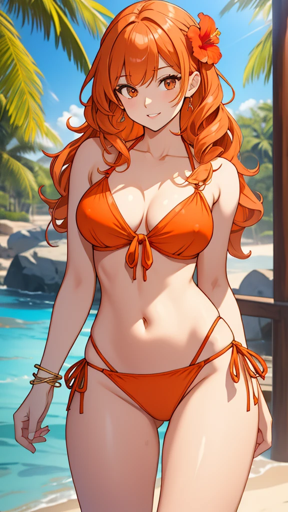masterpiece, best quality, 1 solo girl, orange hair, orange eyes, long hair, medium breasts, sexy body and face, wavy hair, smile, parted lips, bikini, red bikini skirt, navel, sandals, cleavage, collarbone, bare shoulders, jewelry, bracelet, blue scarf, ribbon, hibiscus, frills, sleeveless, hair flower, toeless footwear, outdoors, summer, sexy pose, cowboy shots, detailed body, face, and eyes, sharp focus, vibrant, creative, dynamic, high definition, high resolution, 8k, (Upscale: R-ESRGAN 4x+ Anime6mage enchance:4x), voluptuous body, cinema lightning, dakimakura style, looking at the viewer,