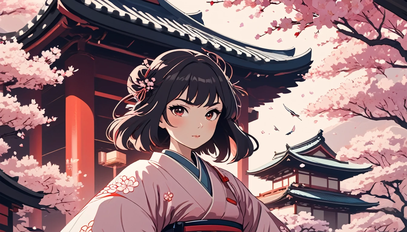 Female samurai,knife,Background is cherry blossoms and a Japanese temple、 Wide-angle lens, Lofi Anime, Lofi illustration, Aesthetic atmosphere, Lo-Fi Style, Vector art, Flat Design, Simple shape, Warm tones, Pleasant atmosphere, Chill, In anime style, Digital drawing, Vector art, Vector logo for t-shirt printing, (Adorable:1.5), (small:1.4), (Playful:1.2), (soft:1.3), (Whimsical:1.1), masterpiece, Highest quality, 8K, Intricate details, grow, Celestial, Mysterious, Picturesque, amazing, Majestic, Magic, Fantasy art, Cover art, dream-like