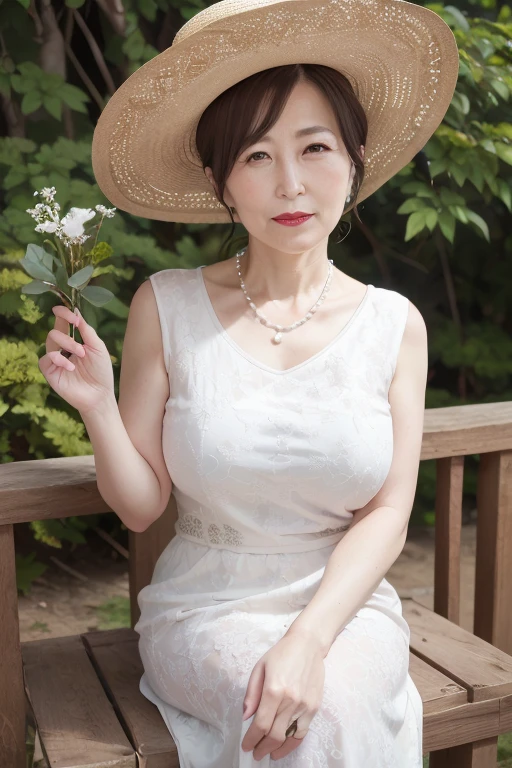 Beautiful mature 55 year old Japanese woman, Married women, Fine Lines, Long eyelashes, Shining Eyes, Low Ponytail, Red lipstick, elegant, Gorgeous figure, Pearl Necklace, Large Breasts, Summer clothes, Stylish clothing, Straw hat, Midsummer, (Highest quality,4K,8K,High resolution,masterpiece:1.2),