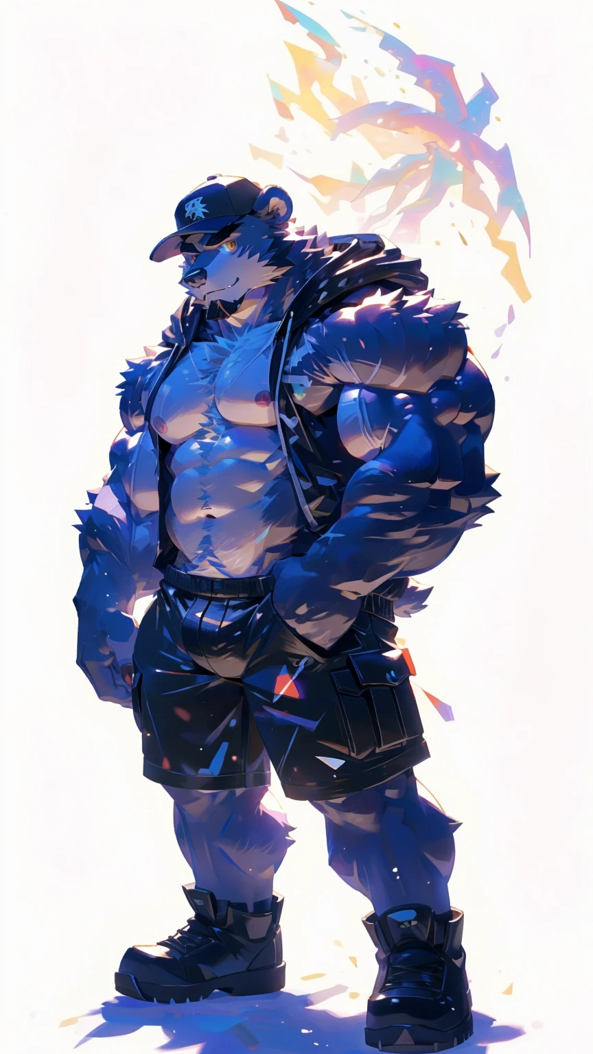 (masterpiece:1.2), best quality,pixiv,official art,perfect anatomy, (Ray tracing, light),solo, (1_male:1.3) , (muscle), (grey fur:1.4), (muscle bear),(abdominal muscles),(beard:1.2), (gleaming golden eyes), bear tail, full body, Thick black eyebrows, baseball cap, (open short hoodie), (naked inside),cargo shorts, black short boots, (pure white background: 1.3)