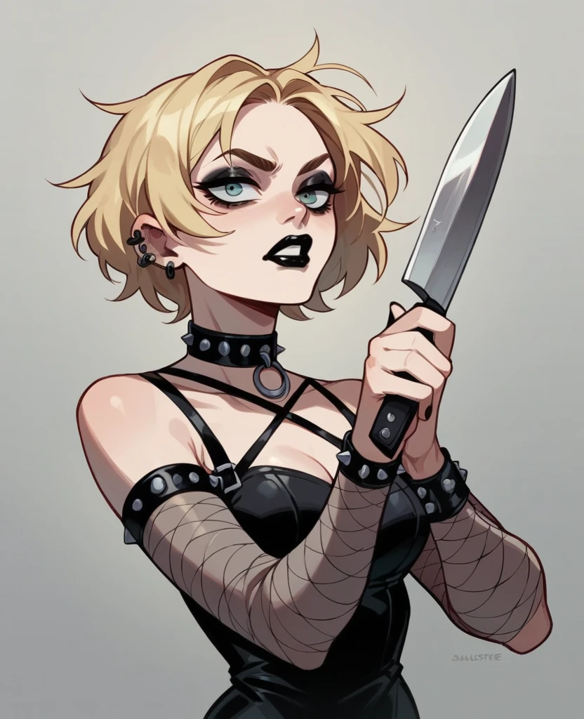 Goth blonde,shorth hair,black lipstick,sadistic look, holding a knife