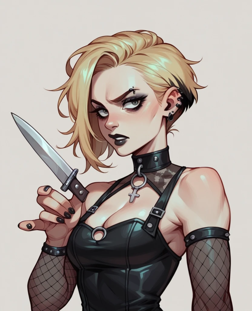 Goth blonde,shorth hair,black lipstick,sadistic look, holding a knife
