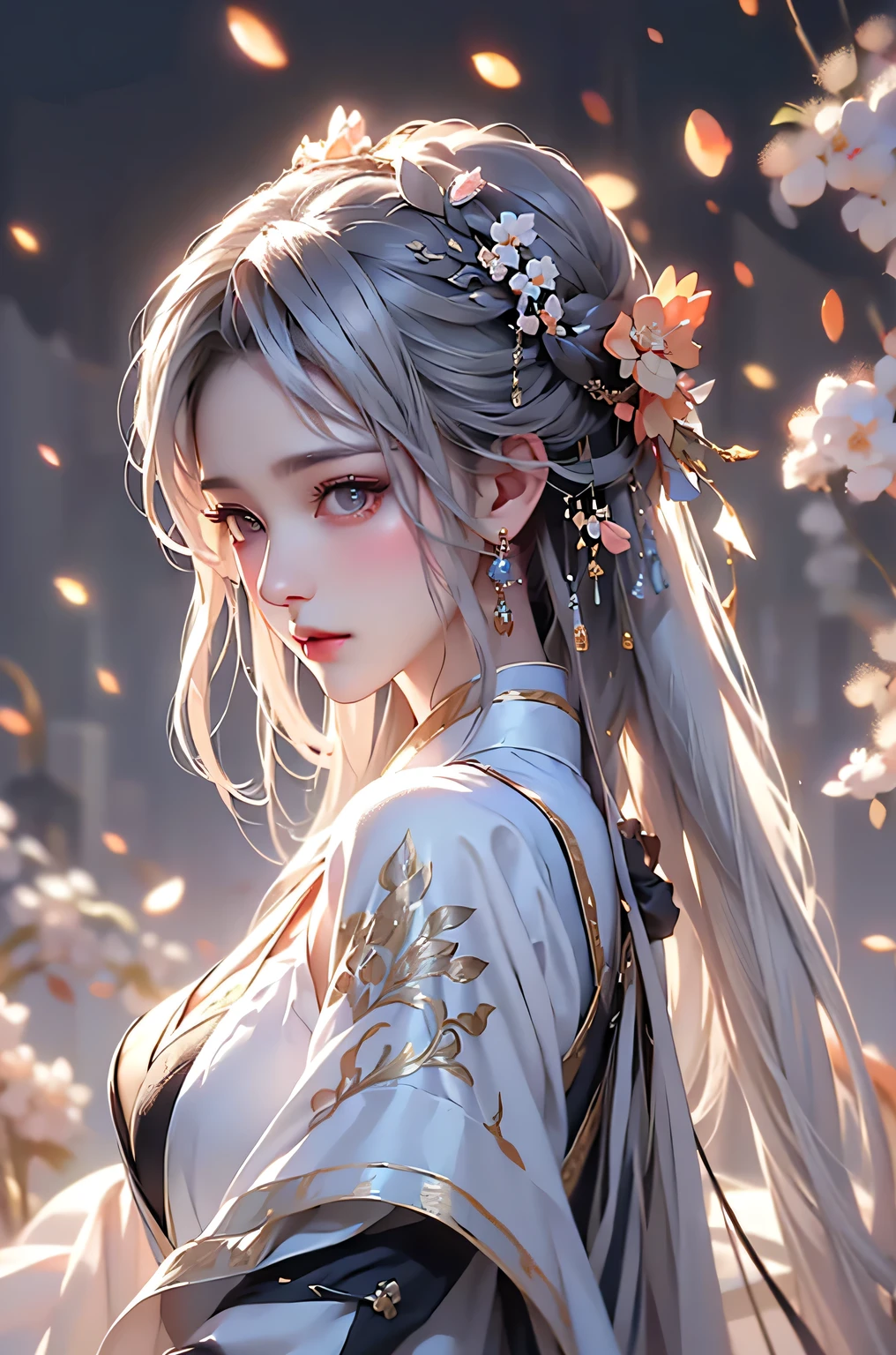 super high quality, masterpiece, Perfect illustration, Very detailed (Exquisite light and shadow, Very dramatic photo,Backlight) , ((Gray Hair:1.5))1 Girl,(( alone:1.6)), (Wearing Han clothes, Black and white Hanfu,Monotony,Long sleeve) Flower Field, Flowers, (White smoke:1.3) (Realistic:1.4), Zen Intertwining, Tangled, Official Art, unity 8k wallpaper, Very detailed, Beautiful and beautiful, masterpiece, Highest quality, (Dynamic Angle: 1.4), Glowing Skin, (Floating colorful flashes: 1) The most beautiful chaotic shapes, elegant, Brutalist Design, Bright colors, Romantic Depth of Field Exotic_dance, half_naked、(Separate sleeves:1.4, Expose your shoulders、Ample breasts、Beautiful cleavage)(side view)