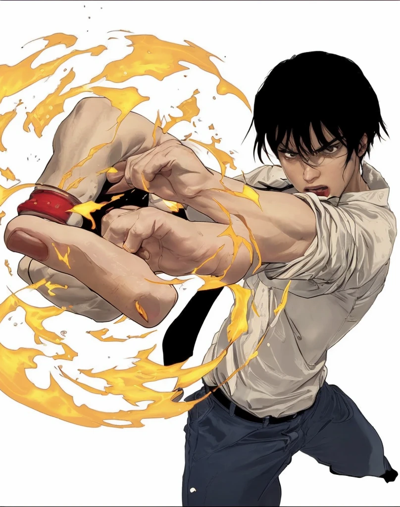 The character is depicted in a mid-action pose, with a clenched fist thrust forward towards the viewer. The perspective is exaggerated, making the fist appear larger and more dominant in the composition, The character’s expression is intense and focused, They are looking directly at the viewer with a determined and fierce gaze, Their eyebrows are furrowed, and their mouth is set in a serious expression, The fist is highly detailed, with visible veins, knuckles, and skin creases. The thumb is prominently displayed, and the fingers are tightly clenched, On the ring finger, there is a large, ornate ring with a complex design, possibly resembling a magical or symbolic artifact, The ring is intricately detailed with geometric patterns, Surrounding the fist is a swirling mass of fiery energy or flames, The flames are depicted in vibrant orange and yellow tones, giving a sense of heat and motion, The energy is dynamic, with tendrils of flame extending outward and wrapping around the hand, The lighting highlights the muscles and contours of the arm and fist, enhancing the sense of power and strength, The shadows add depth and realism to the image, The character has short, black hair that is slightly tousled. The hair frames the face, adding to the intense expression, The face is partially covered by the arm and hand, but the visible eye and brows convey determination, The character is wearing a white shirt with rolled-up sleeves, suggesting readiness for action, The shirt has creases and folds, adding to the realism, The character also has blue pants with a visible label or design on the waistband, possibly indicating a brand or logo