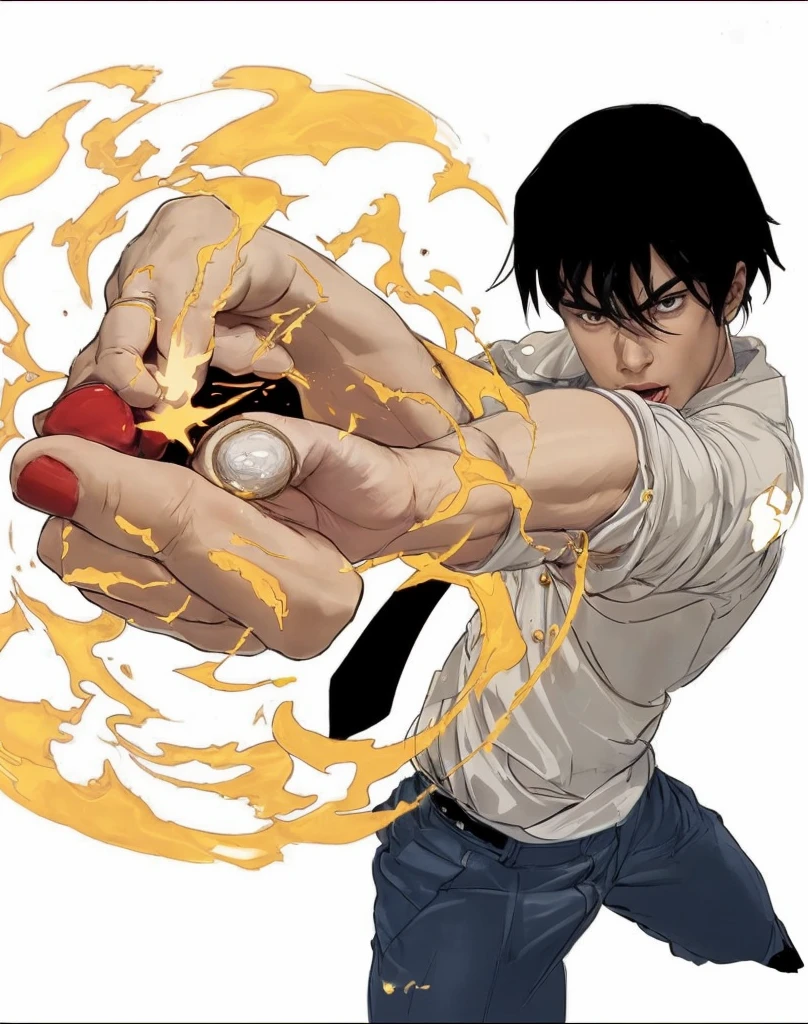 The character is depicted in a mid-action pose, with a clenched fist thrust forward towards the viewer. The perspective is exaggerated, making the fist appear larger and more dominant in the composition, The character’s expression is intense and focused, They are looking directly at the viewer with a determined and fierce gaze, Their eyebrows are furrowed, and their mouth is set in a serious expression, The fist is highly detailed, with visible veins, knuckles, and skin creases. The thumb is prominently displayed, and the fingers are tightly clenched, On the ring finger, there is a large, ornate ring with a complex design, possibly resembling a magical or symbolic artifact, The ring is intricately detailed with geometric patterns, Surrounding the fist is a swirling mass of fiery energy or flames, The flames are depicted in vibrant orange and yellow tones, giving a sense of heat and motion, The energy is dynamic, with tendrils of flame extending outward and wrapping around the hand, The lighting highlights the muscles and contours of the arm and fist, enhancing the sense of power and strength, The shadows add depth and realism to the image, The character has short, black hair that is slightly tousled. The hair frames the face, adding to the intense expression, The face is partially covered by the arm and hand, but the visible eye and brows convey determination, The character is wearing a white shirt with rolled-up sleeves, suggesting readiness for action, The shirt has creases and folds, adding to the realism, The character also has blue pants with a visible label or design on the waistband, possibly indicating a brand or logo