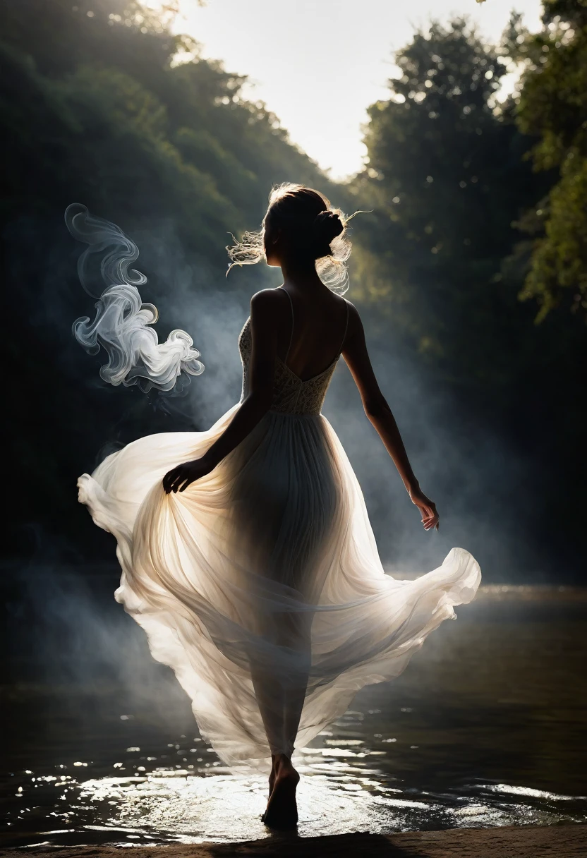 A gracefully dancing figure emerges from the darkness in a chiaroscuro image, the delicate silhouette of a pretty girl walking by the river composed entirely of ethereal wisps of smoke. The intricate details showcase the fluid movements of the girl walking, capturing the essence of elegance and grace. The evocative photograph captures the essence of the girl's posture artistry, with a stunning contrast of light and shadow creating a mesmerizing and enchanting visual experience. The impeccable craftsmanship and attention to detail in this masterpiece elevate it to a level of artistry that is truly breathtaking.