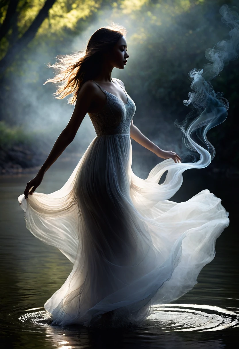 A gracefully dancing figure emerges from the darkness in a chiaroscuro image, the delicate silhouette of a pretty girl walking by the river composed entirely of ethereal wisps of smoke. The intricate details showcase the fluid movements of the girl walking, capturing the essence of elegance and grace. The evocative photograph captures the essence of the girl's posture artistry, with a stunning contrast of light and shadow creating a mesmerizing and enchanting visual experience. The impeccable craftsmanship and attention to detail in this masterpiece elevate it to a level of artistry that is truly breathtaking.