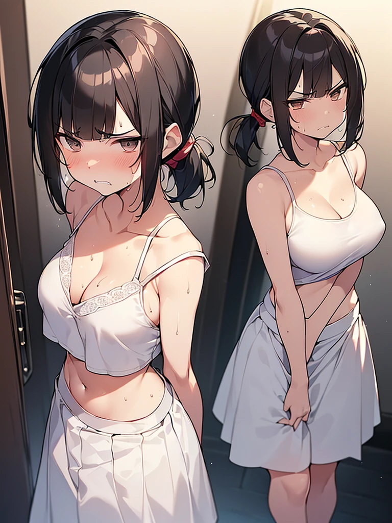 NSFW:1.3. Anime drawings with vivid colors, full-body drawings, one woman:1.9 (((Shirt open wide, white bra, skirt down, white underwear))), (((Slouching, troubled, displeased, sweating, glaring, furrowed brow, clenched teeth, anger, flushed cheeks))), (White sleeveless shirt with collar showing collarbone (((Long skirt))) Black Skirt), (night:1.3. Apartment Room)、 (((Short black hair ponytail:1.3 Straight hair Sweep your bangs to the side:1.9 Slanted eyes Brown eyes Tall Big breasts Strong Beautiful Cute)))