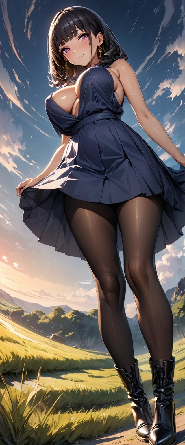 (Perfect Anatomy)、Mastepiece、Ultra High Quality、 8K、masterpiece、Highest quality、Ultra-high resolution、Maximum resolution、Very detailed、Professional Lighting、anime、Adult female、thin、so beautiful、Highly detailed eye、Highly detailed face、Golden earrings、Black Hair,、Pink eyes , grassland,, medium hair, Straight bangs, full body, show off breasts, Blue sleeveless dress、pantyhose, super long boots、Angle from below