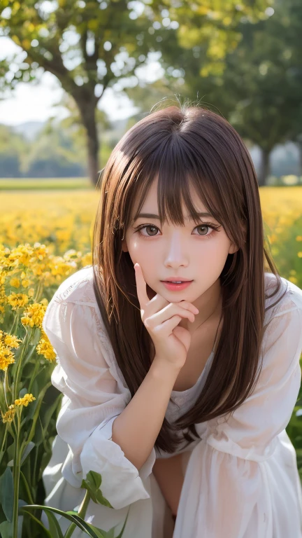 One Girl、(beautiful girl、Delicate girl:1.3)、(21 years old:1.3)、break、(Spring Clothes:1.3)、break、Very beautiful eyes、(Symmetrical eyes:1.3)、break、(Countless flowers、In a colorful flower field:1.3)、Perfectly shaped and anthropomorphic fingers、break、Small breasts、Brown eyes、(((Shortcuts)))、Parted bangs、Brown Hair、break、(Eye and facial details:1.0)、break、(masterpiece、Highest quality、Very detailed) 、Detailed face、8K)、Full body view from the knee up、